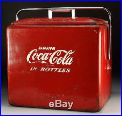 Vintage Embossed Coca Cola Metal Cooler Chest w Tray & Bottle Opener 1950's