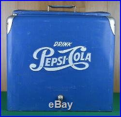 Vintage Embossed Metal Pepsi Cooler Blue White Progress Refrigeration Tray Plug