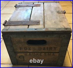 Vintage Fox Dairy Waukesha Wood & Metal Liner Milk Cooler Bottle Crate