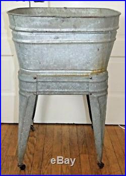 Vintage Galvanized WASH TUB on STAND withWHEELS, Garden Beer Cooler Wedding Decor