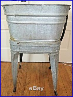 Vintage Galvanized WASH TUB on STAND withWHEELS, Garden Beer Cooler Wedding Decor