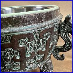 Vintage James Mont Metal Verdigris Ice Bucket Mid-Century MCM Dragon Handle Lid