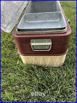 Vintage LITTLE BROWN CHEST Metal Ice Box Cooler Large 28 in. 2 Latches, Tray