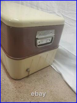 Vintage LITTLE BROWN CHEST Metal Ice Box Cooler Large 28 in. W Ice Pick & Opener