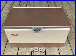 Vintage Large Brown-Tan Metal Coleman Cooler & Tray in Original 44 Quart LOW BOY