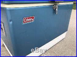 Vintage Large Coleman Blue Metal Camping Cooler 70s ice chest
