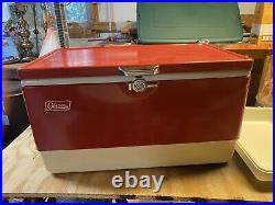 Vintage Large Coleman Red Metal Camping Cooler ice chest