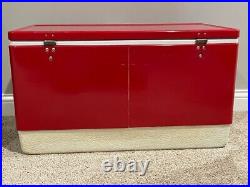 Vintage Large Coleman Red Metal Chest Cooler 70s 28 wide With Container Rare