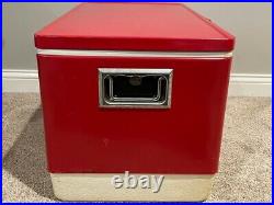 Vintage Large Coleman Red Metal Chest Cooler 70s 28 wide With Containers Rare