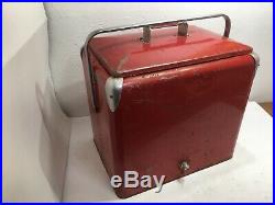 Vintage Large Progress Refrigerator Red Metal Ice Chest Cooler With Metal Tray