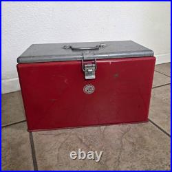 Vintage Metal Ice Box Cooler Red/Gray with Carry Handle Passive Camping
