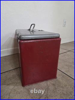 Vintage Metal Ice Box Cooler Red/Gray with Carry Handle Passive Camping