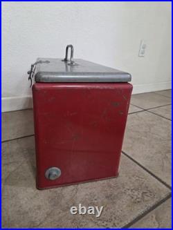 Vintage Metal Ice Box Cooler Red/Gray with Carry Handle Passive Camping