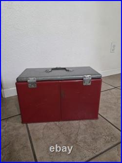 Vintage Metal Ice Box Cooler Red/Gray with Carry Handle Passive Camping