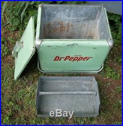 Vintage Mint Green Dr. Pepper Metal Picnic Cooler Soda Ice Chest Complete