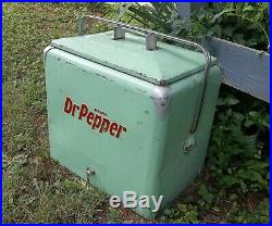 Vintage Mint Green Dr. Pepper Metal Picnic Cooler Soda Ice Chest Complete