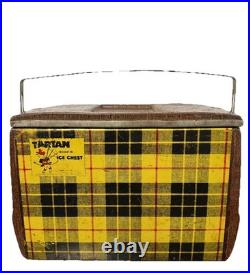 Vintage POLORON Tartan Ice Chest Metal W Locking Retractable Handles Camping RV