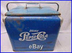 Vintage Pepsi Cola Blue Metal Cooler with Tray Progress Refrigerator 18 x 19 12