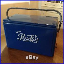 Vintage Pepsi Cola Cooler Picnic 1950s Blue Cronstroms Embossed Metal Sign HTF