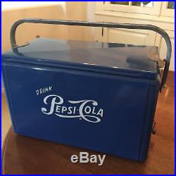 Vintage Pepsi Cola Cooler Picnic 1950s Blue Cronstroms Embossed Metal Sign HTF