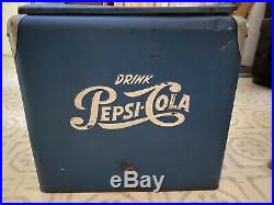 Vintage Pepsi Metal Cooler And Seven Vintage Full Bottles Of Pepsi