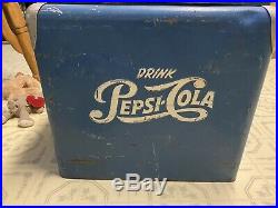 Vintage Pepsi Metal Cooler And Seven Vintage Full Bottles Of Pepsi