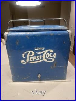 Vintage Pepsi Metal Cooler Ice Chest with Handle, Blue/White Soda Advertising Vintage Pepsi Metal Cooler Ice Chest with Handle, Blue/White Soda Advertising