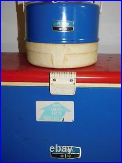 Vintage Picnic 22 X 14 X 14 Red White Blue Thermos Metal Beer Cooler & Jug
