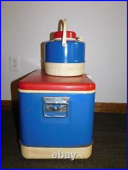 Vintage Picnic 22 X 14 X 14 Red White Blue Thermos Metal Beer Cooler & Jug