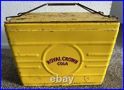 Vintage ROYAL CROWN COLA Yellow METAL COOLER + Bottles Ice Chest ORIG TRAY