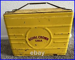 Vintage ROYAL CROWN COLA Yellow METAL COOLER + Bottles Ice Chest ORIG TRAY