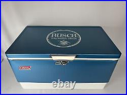 Vintage Rare 1960 70s Blue Metal Coleman Cooler W Busch Bavarian Beer Logo