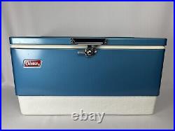 Vintage Rare 1960 70s Blue Metal Coleman Cooler W Busch Bavarian Beer Logo