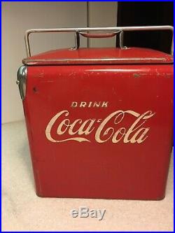 Vintage Rare Size Lg Coca Cola Red metal Picnic Cooler With Amber coke Bottle