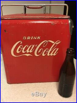 Vintage Rare Size Lg Coca Cola Red metal Picnic Cooler With Amber coke Bottle