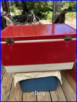 Vintage Red Coleman Snow-Lite Cooler Low Boy 5254A-703, 44 Qt withOrig Box, Xlnt