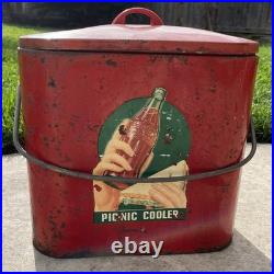 Vintage Red Metal Coca-Cola Pic-Nic Cooler Ice Box With Lid Junior 6 Pack Soda