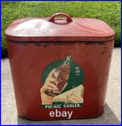 Vintage Red Metal Coca-Cola Pic-Nic Cooler Ice Box With Lid Junior 6 Pack Soda