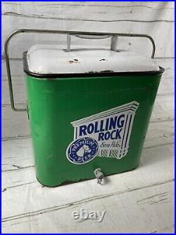 Vintage Rolling Rock Metal Carry Cooler Green/White CO Bottle Opener Drain Spout