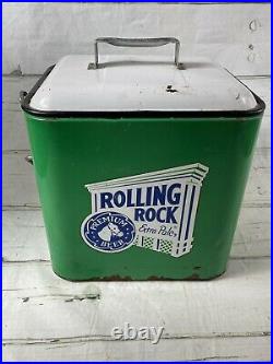 Vintage Rolling Rock Metal Carry Cooler Green/White CO Bottle Opener Drain Spout