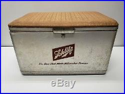 Vintage SCHLITZ Cronstroms Metal Beer Cooler Ice Chest with Padded Seat Handles
