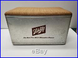 Vintage SCHLITZ Cronstroms Metal Beer Cooler Ice Chest with Padded Seat Handles