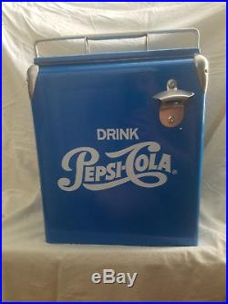 Vintage Style Pepsi Cola Cooler With Bottle opener! Blue Metal, NEW