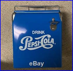 Vintage Style Retro Blue Metal Pepsi Cola Cooler with Bottle Opener