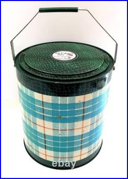 Vintage TAM O'SHANTER TOTER Green & Blue Plaid Metal Cooler 1950's Era MCM RETRO