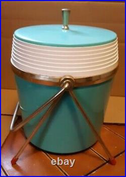 Vintage Teal Ice Bucket Wine Bar Chest Mid Century Atomic with metal stand