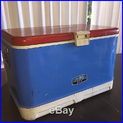 Vintage Thermos Camping Cooler Red White Blue 1950's Metal Ice Chest RARE USED