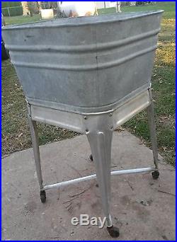 Vintage Wheeling Galvanized Single Wash Tub On Rolling Stand Beer Cooler Decor