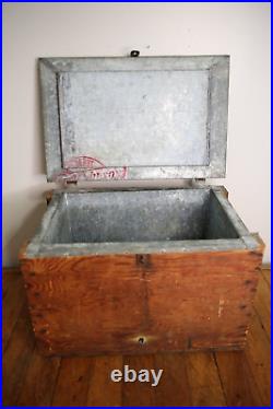 Vintage Wood Ice Chest Cooler box Cabinet cup handles galvanized camping rustic