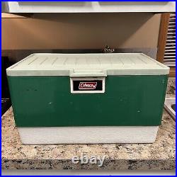 Vtg 11-74 Coleman Green Metal White Cooler Ice Chest With Spout, Opener & Tray Vtg 11-74 Coleman Green Metal White Cooler Ice Chest With Spout, Opener & Tray